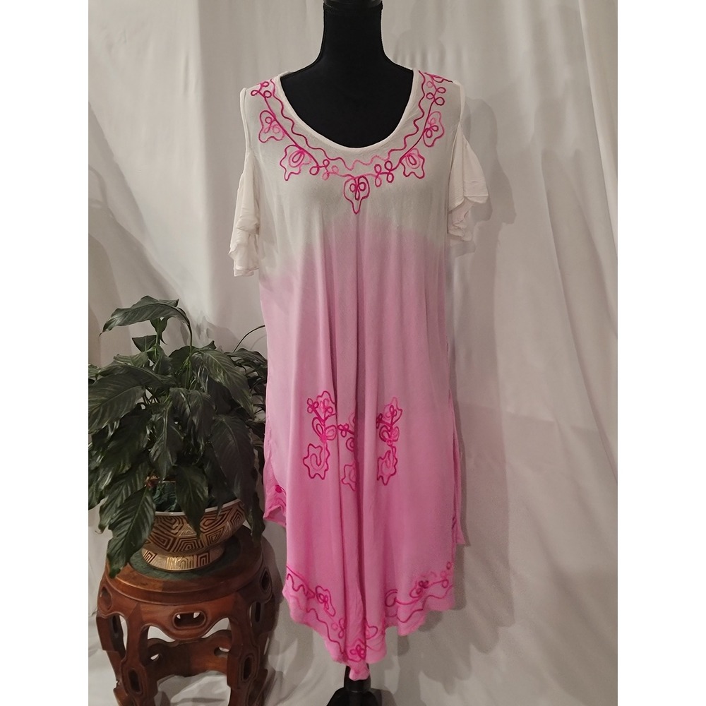 Ashley Taylor Pink White Ombre Cold Shoulder Embroidered Tunic Dress 2X Boho